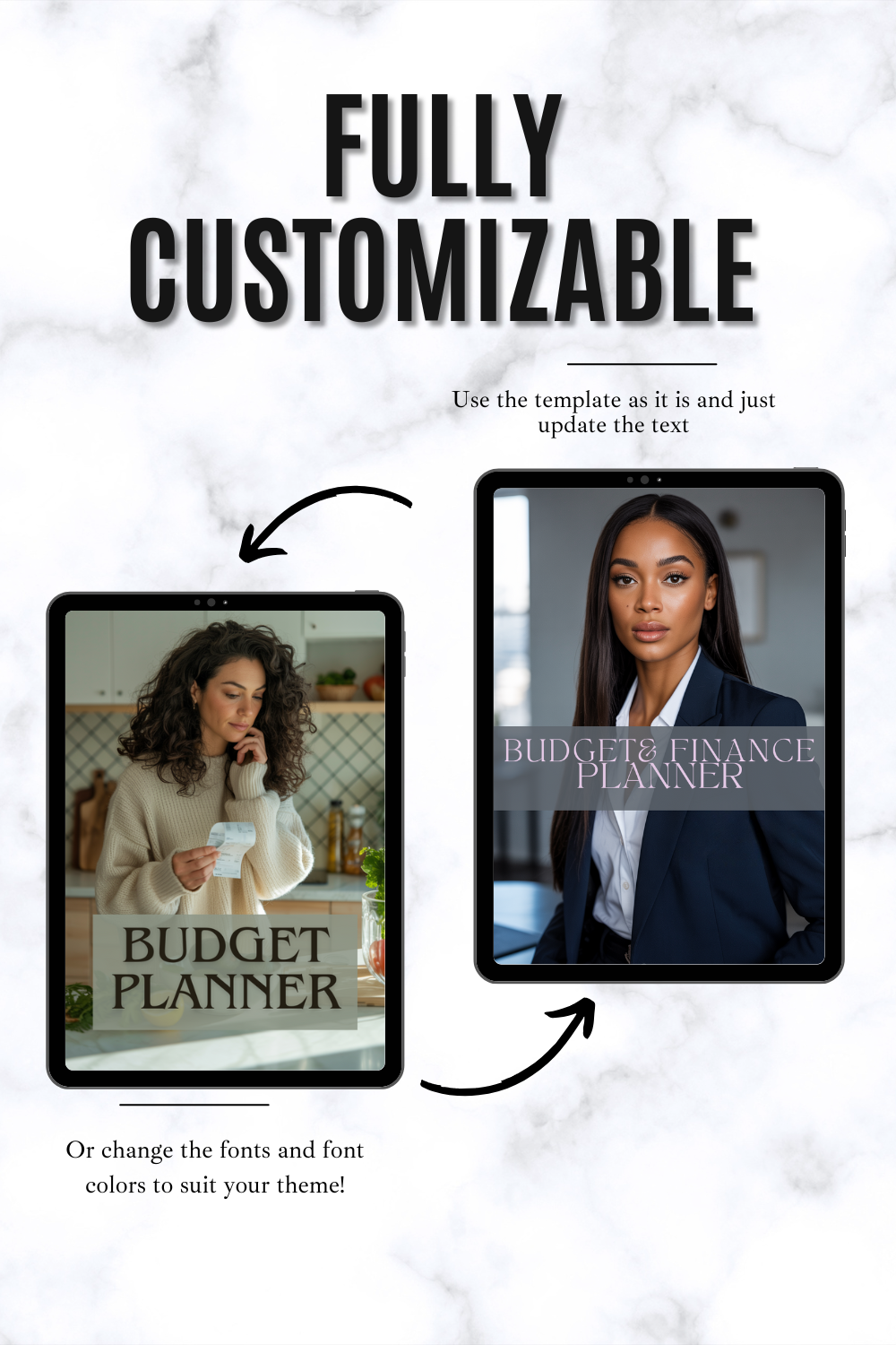 Two tablet screens showing a budget planner template with customizable text on a marble background.