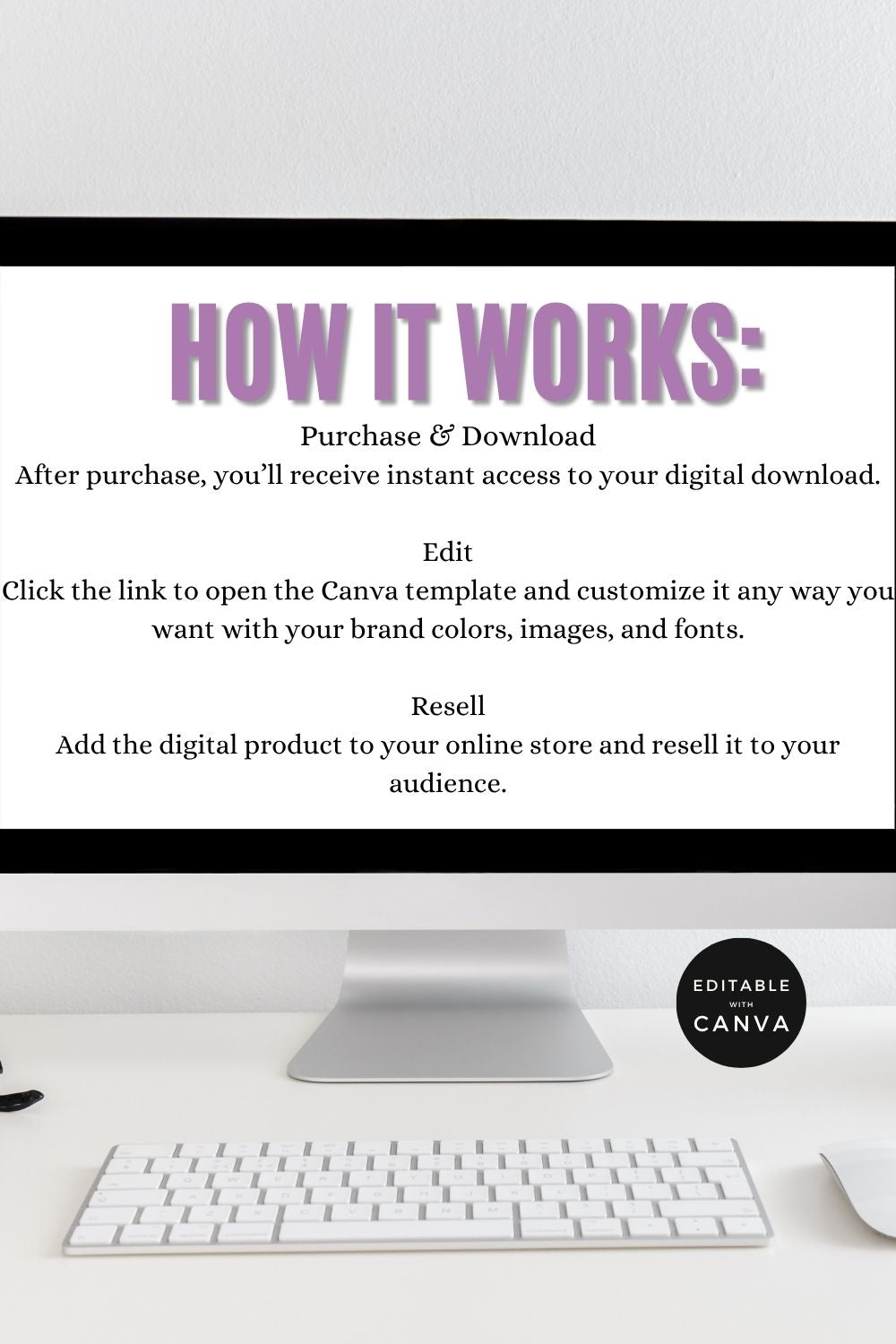 Computer monitor displaying text about using Canva templates, with a white keyboard and mouse in the foreground.