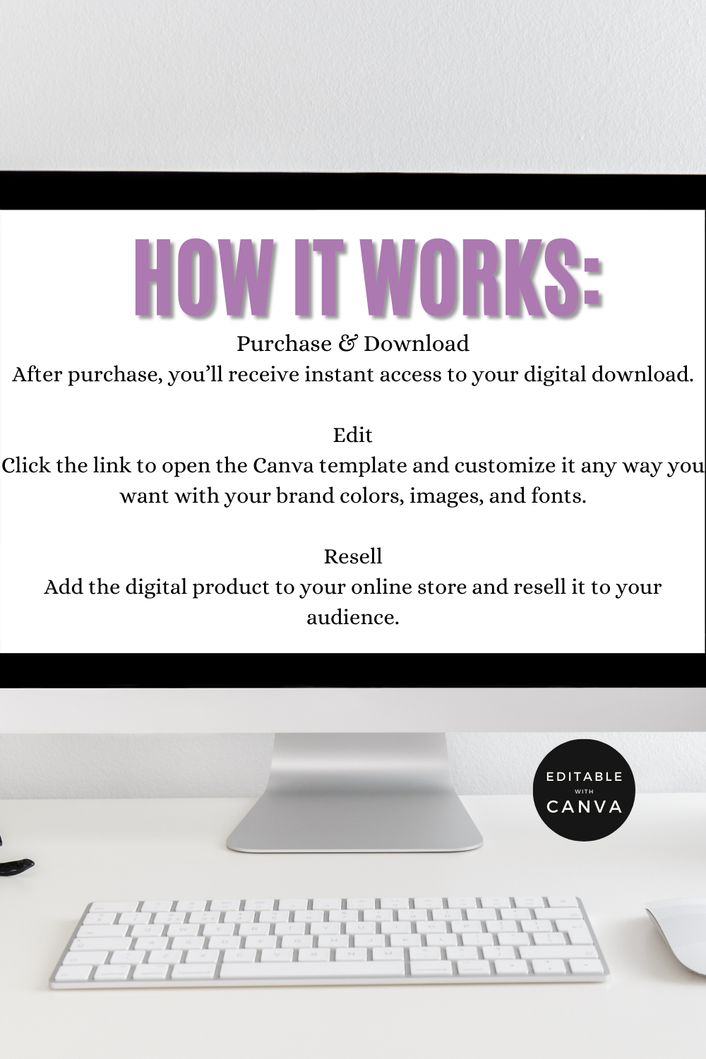 Computer monitor displaying text about using Canva templates, with a keyboard and mouse on a desk.