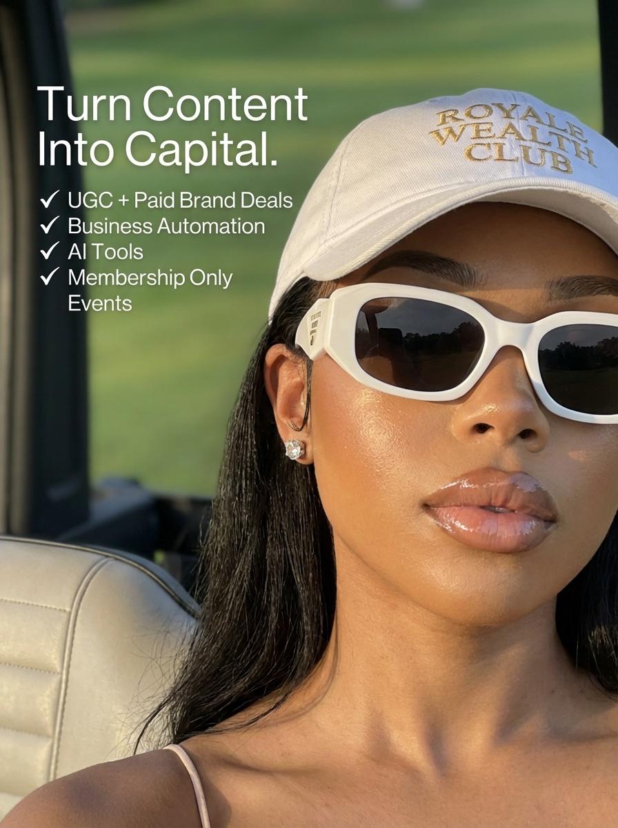 Woman wearing a 'Royals Wealth Club' cap with promotional text about content monetization strategies.