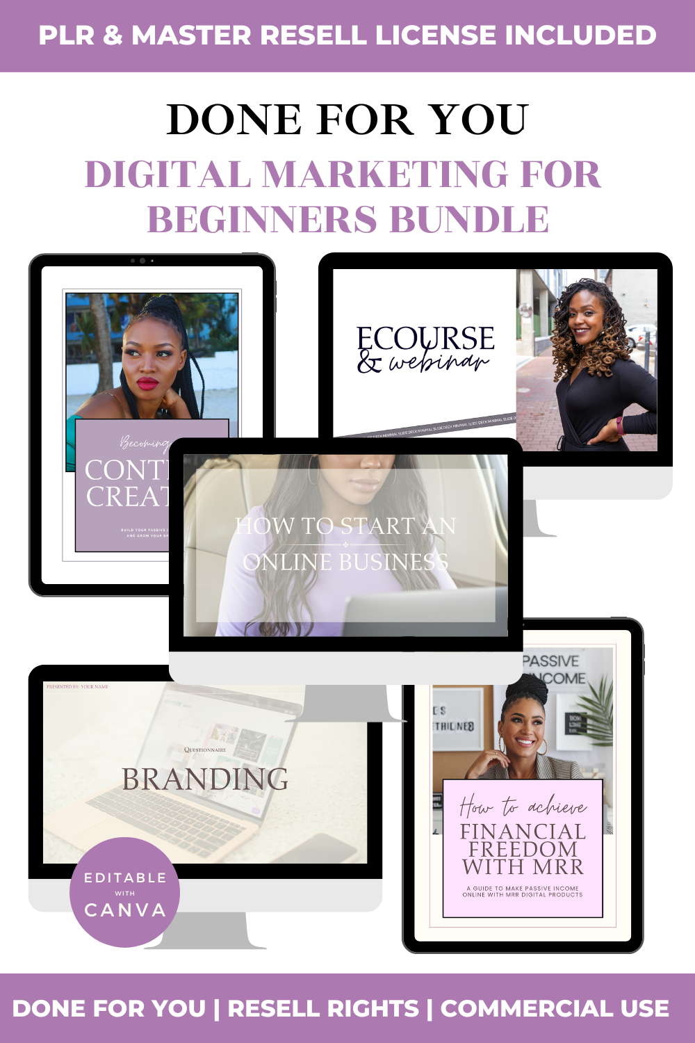 Digital marketing bundle for beginners with text overlay on a purple background