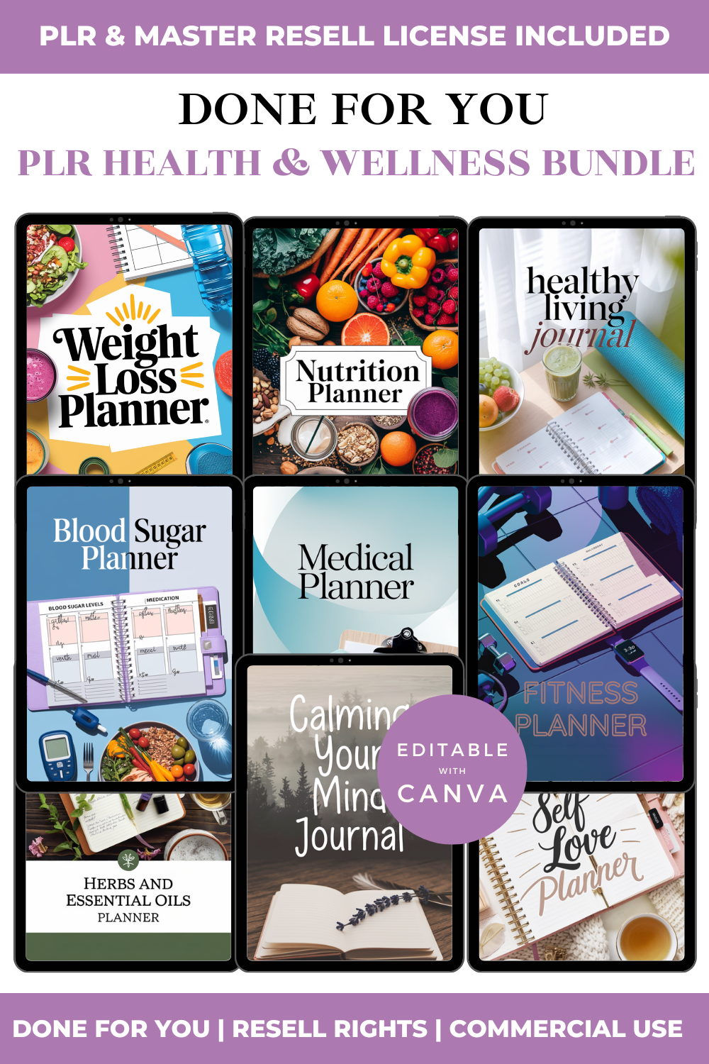 Collection of health and wellness planners with a purple banner at the top.
