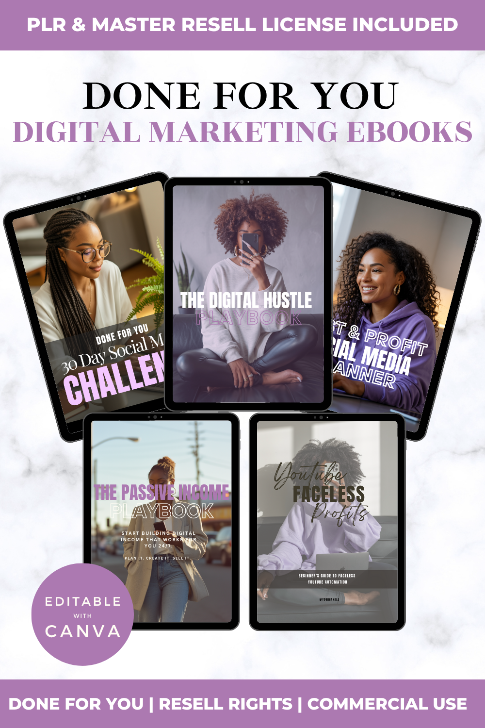 Collection of digital marketing ebooks with covers featuring people and text on a white background.