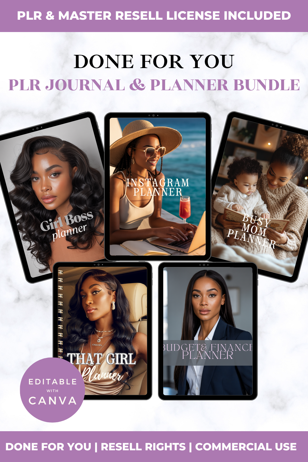 Done For You PLR Journal & Planner Bundle with Canva editing option on a white background.