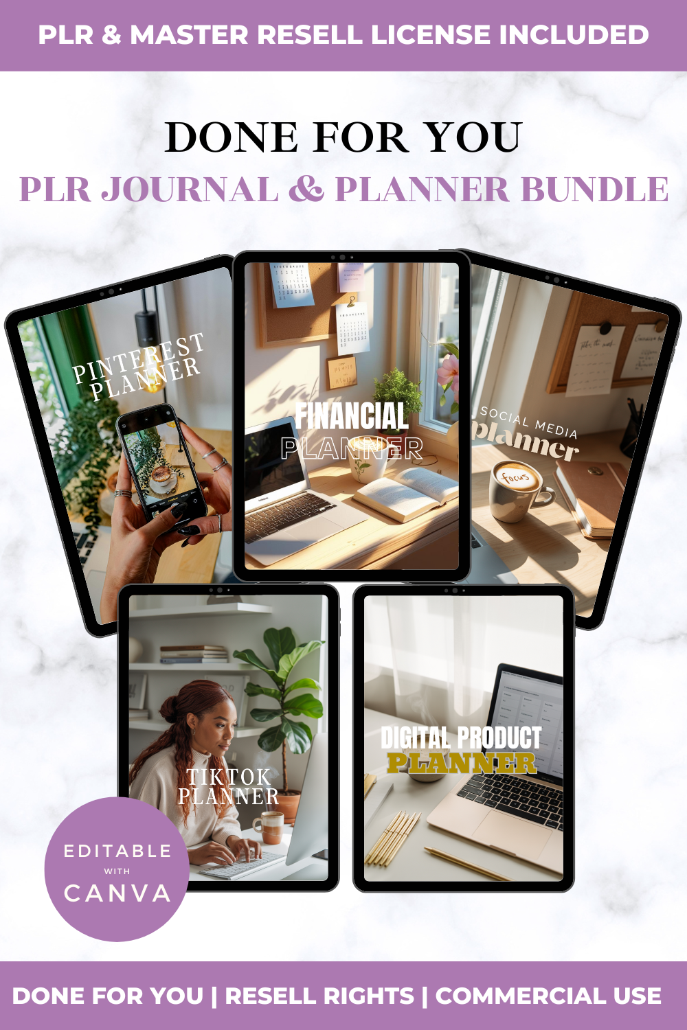 Done For You PLR Journal & Planner Bundle with Canva editing option on a white background.