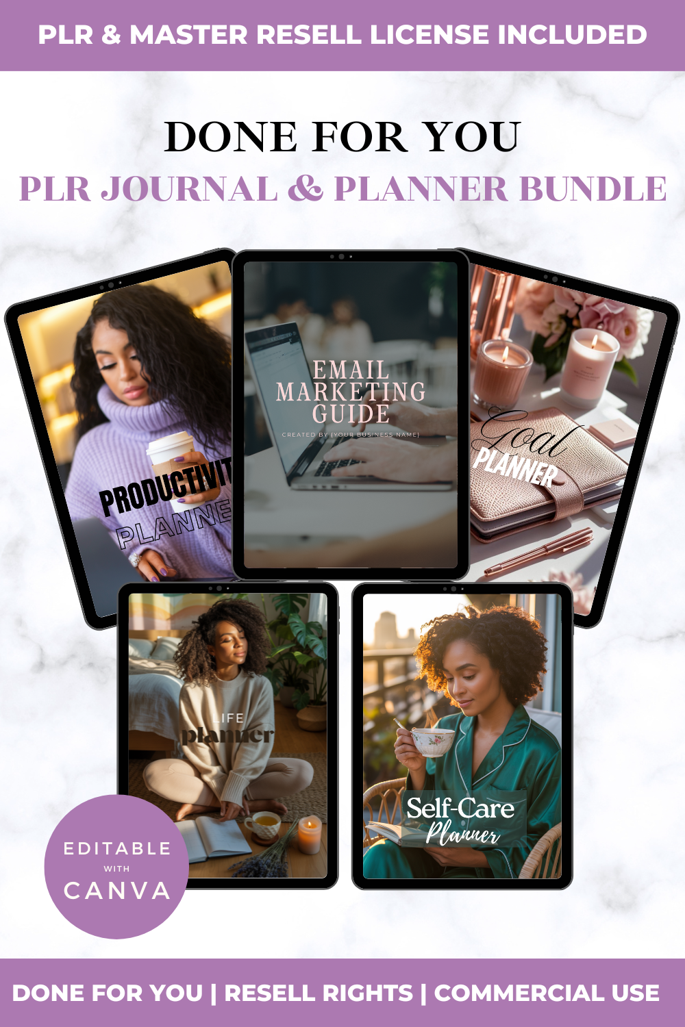 Done For You PLR Journal & Planner Bundle with images of a woman, laptop, and planner on a light background.