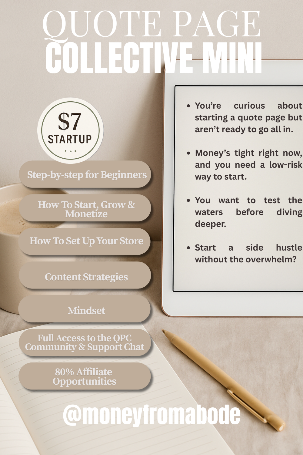 Promotional graphic for a quote page collective mini with text and a pen on a neutral background.