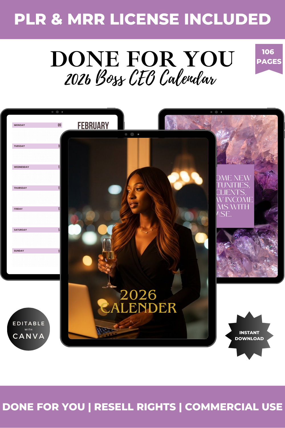 2026 Boss CEO Calendar with a woman holding a glass of wine, featuring PLR & MRR license information.