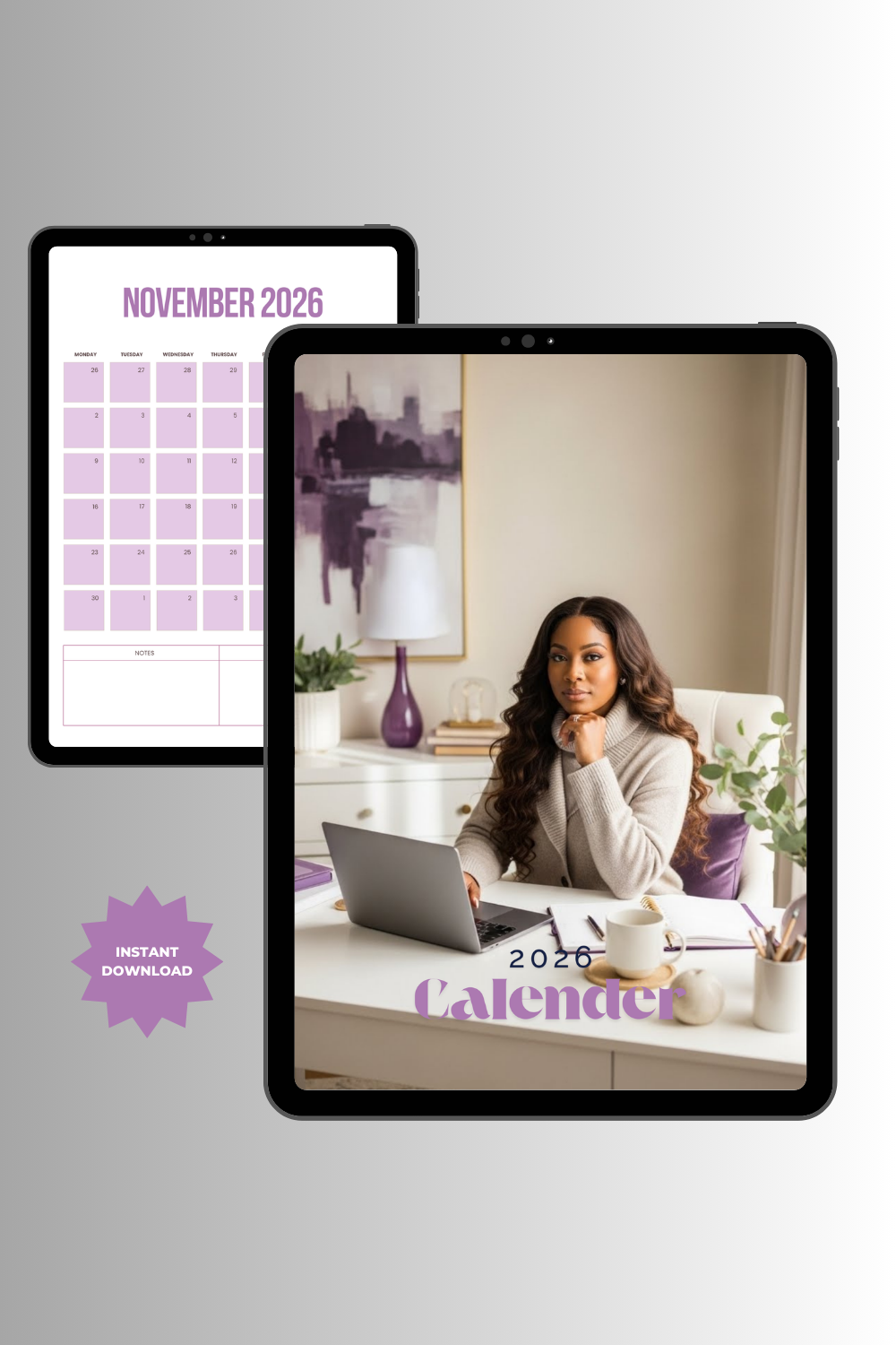 Digital calendar app on a tablet with a woman at a desk, November 2026 view shown.