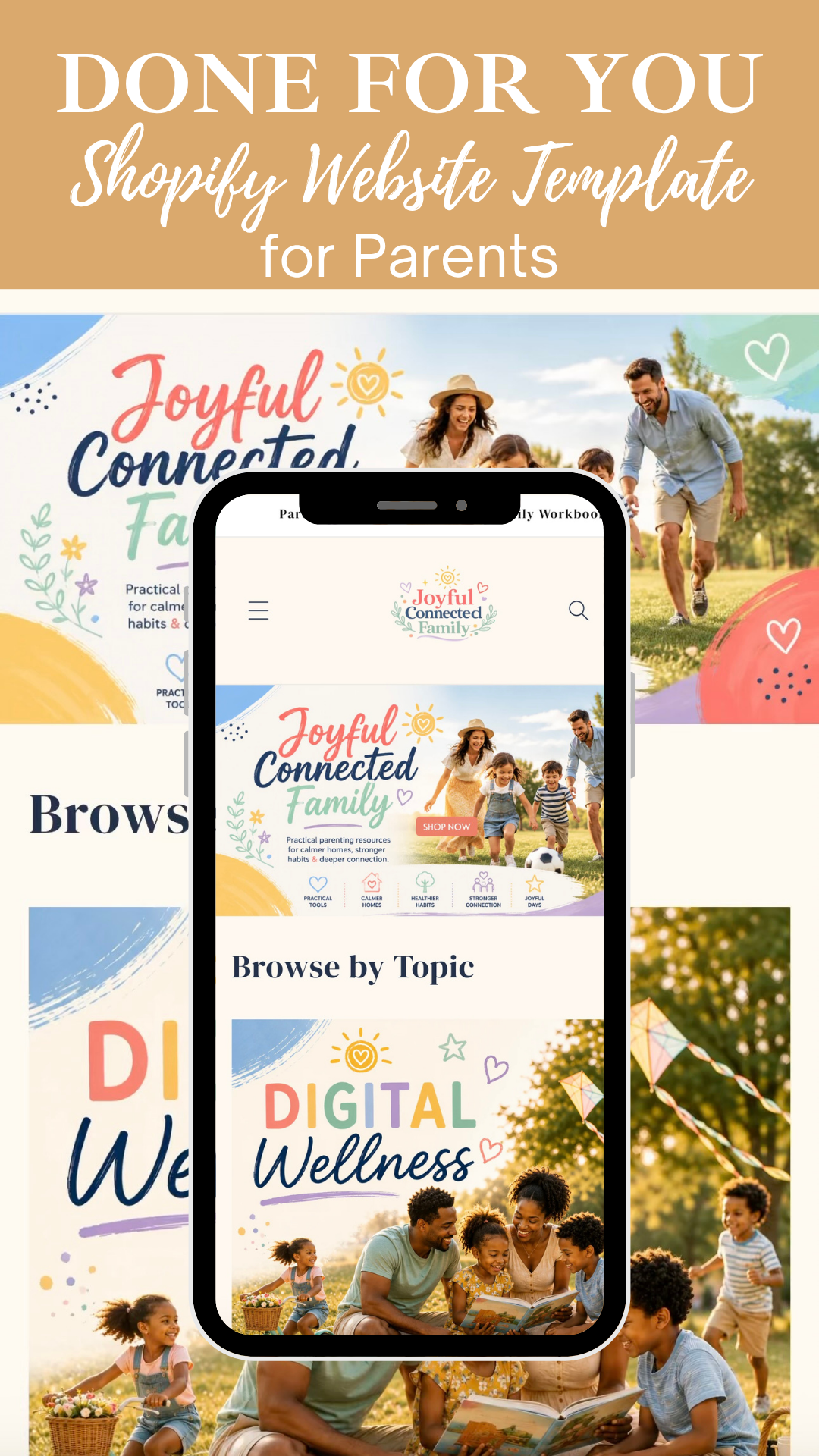 Smartphone displaying a website template for parents with family-friendly content.
