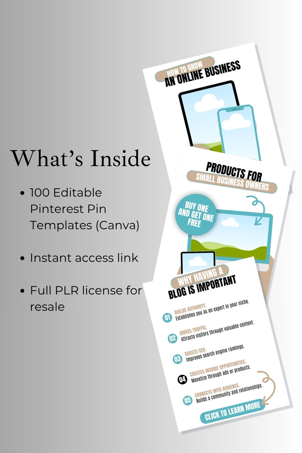 Promotional graphic for Pinterest pin templates with text on a gray background