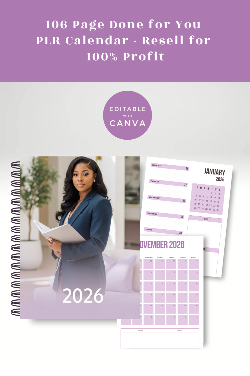2026 calendar with a woman holding a planner, on a light gray background with purple accents.