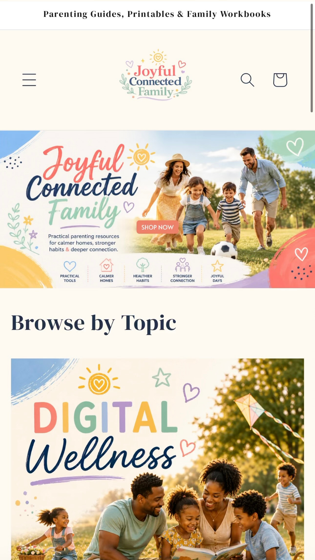 Website page for 'Joyful Connected Family' with a family activity theme.