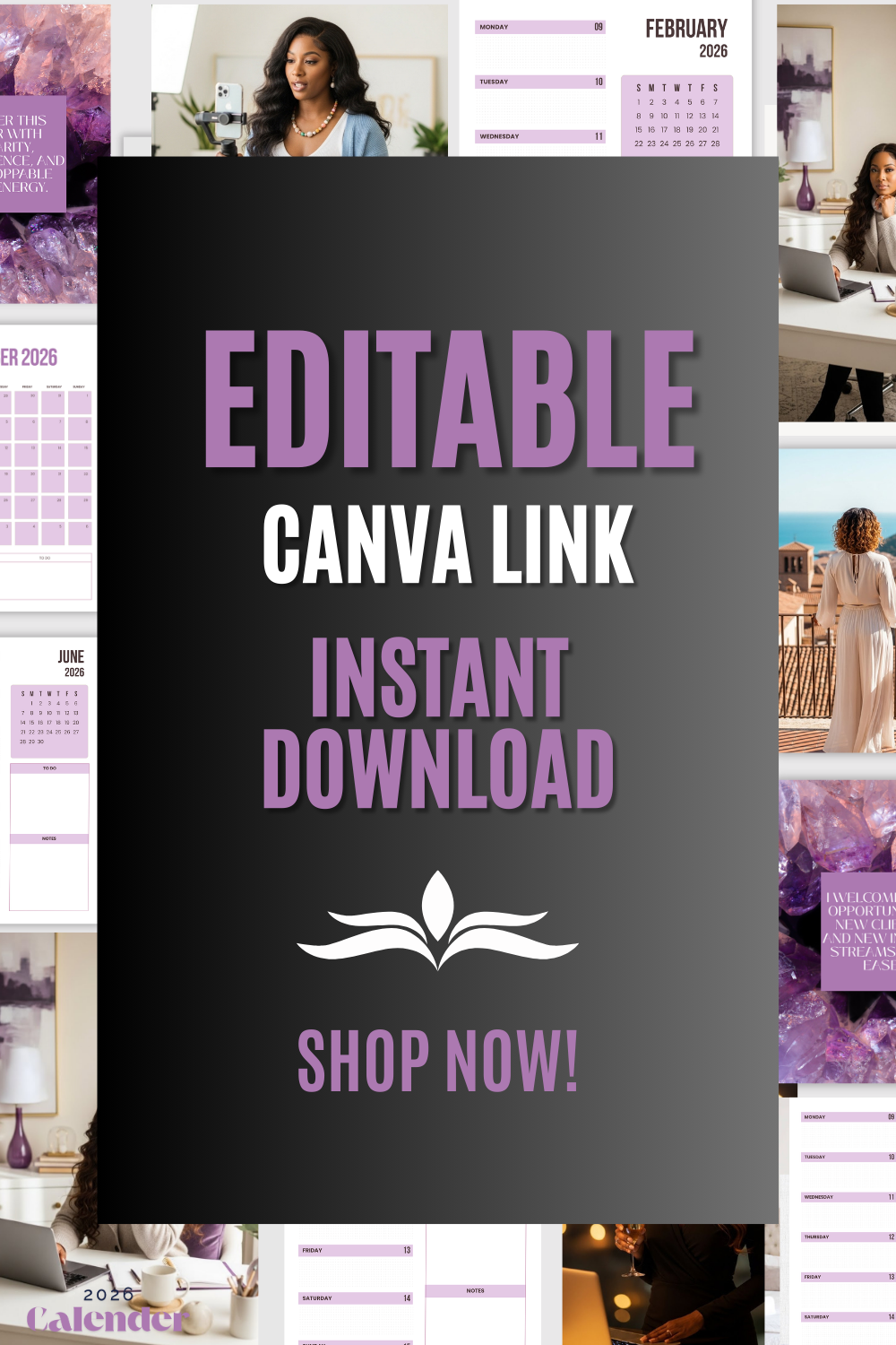 Promotional graphic for an editable Canva link with instant download option, featuring a woman and calendar images.