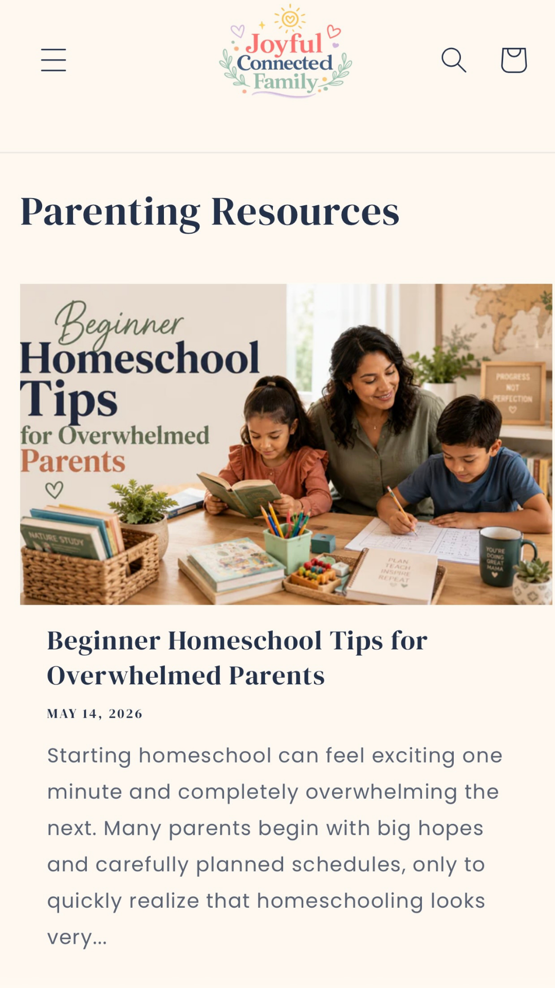 Website page with parenting resources, featuring a family at a table with books and stationery.