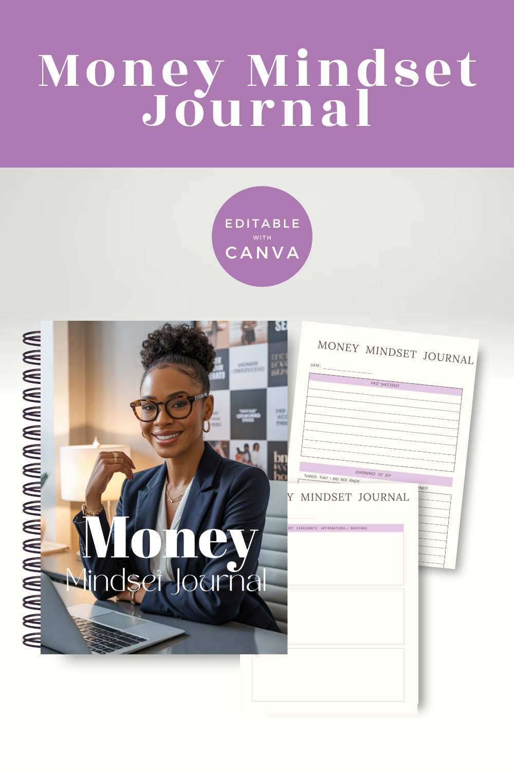Money Mindset Journal with a woman on the cover and an editable Canva label.