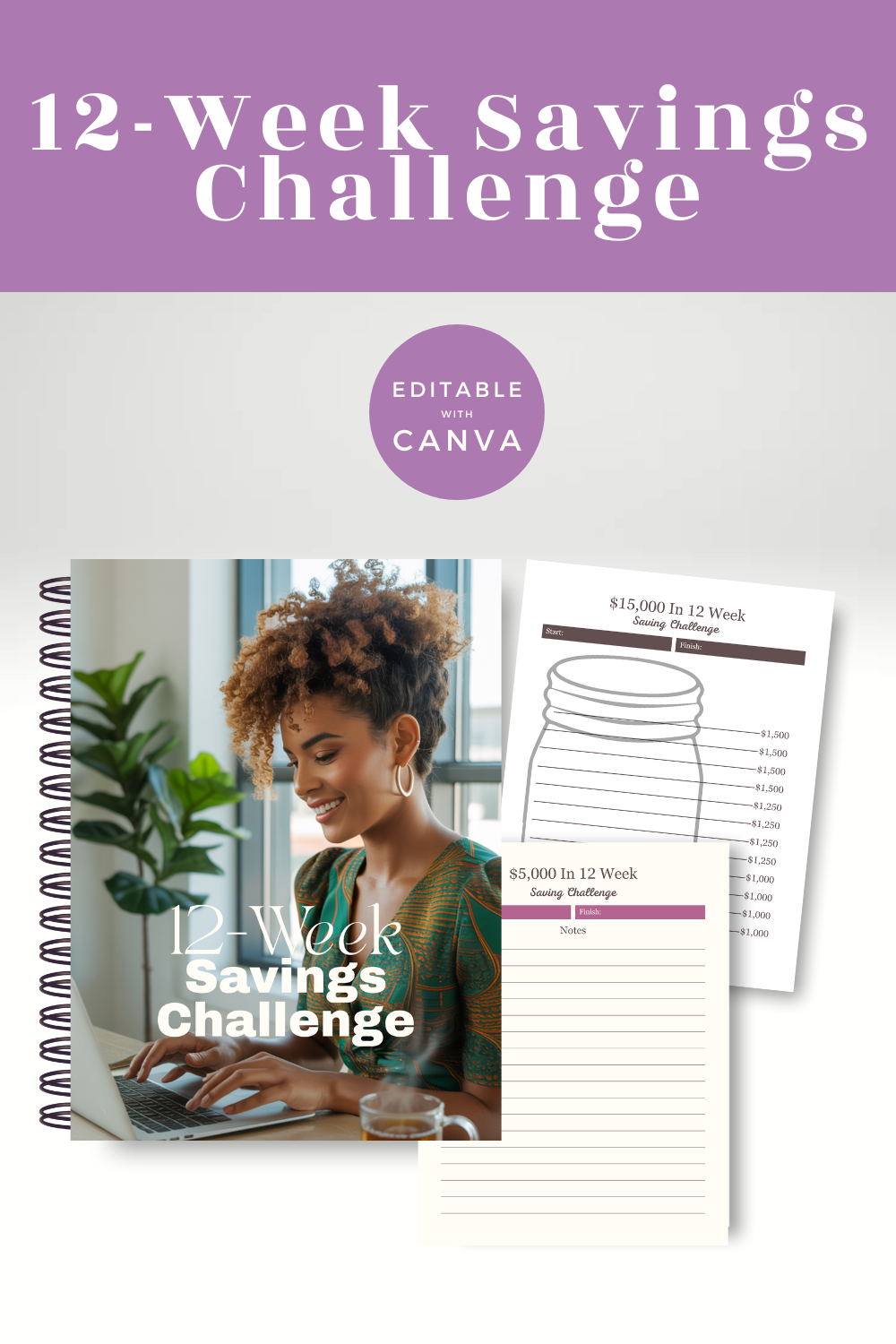 12-Week Savings Challenge book with a woman at a computer and savings tracker on a white background