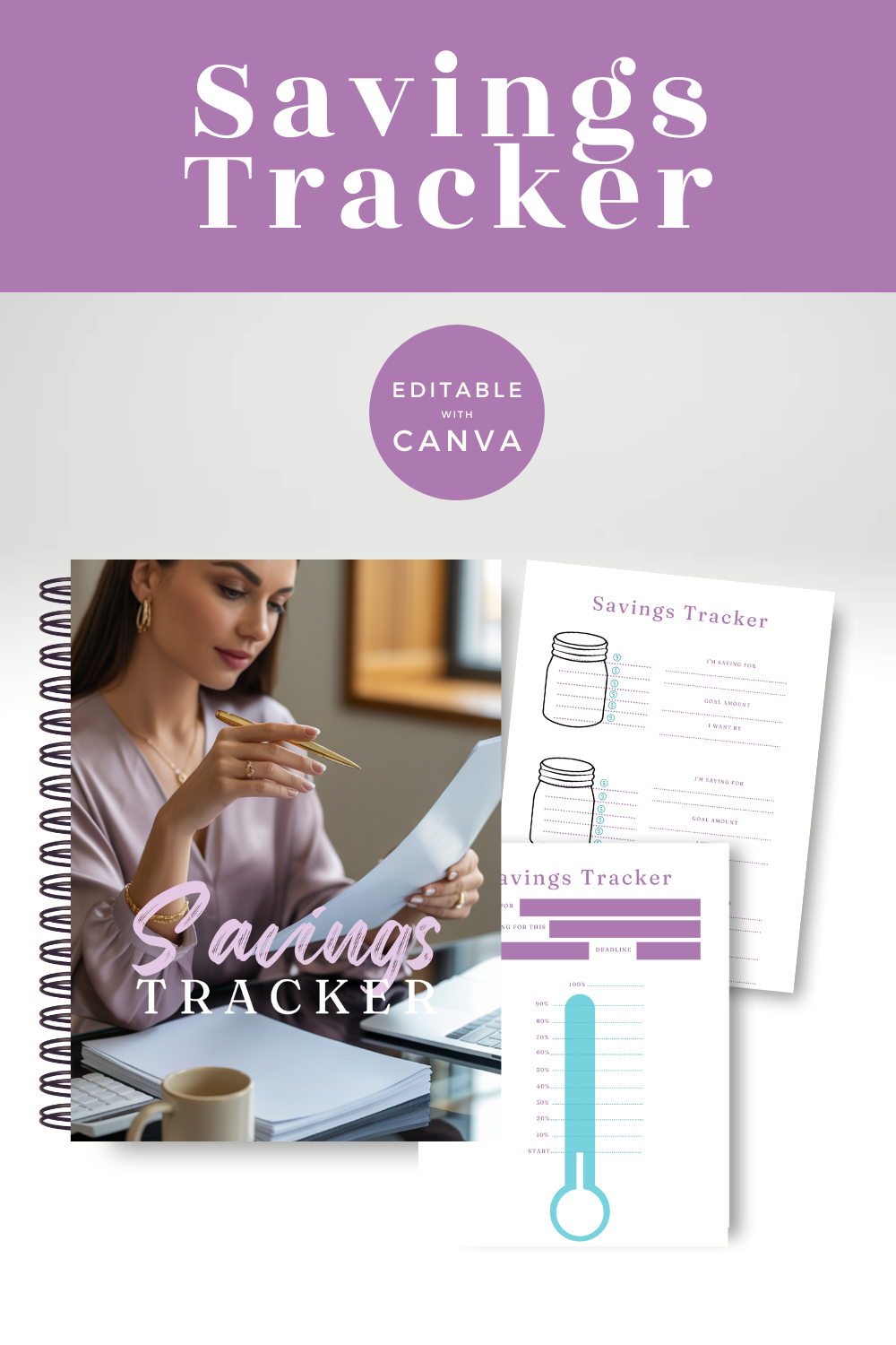 Savings tracker book with a woman working on a computer, featuring Canva branding.