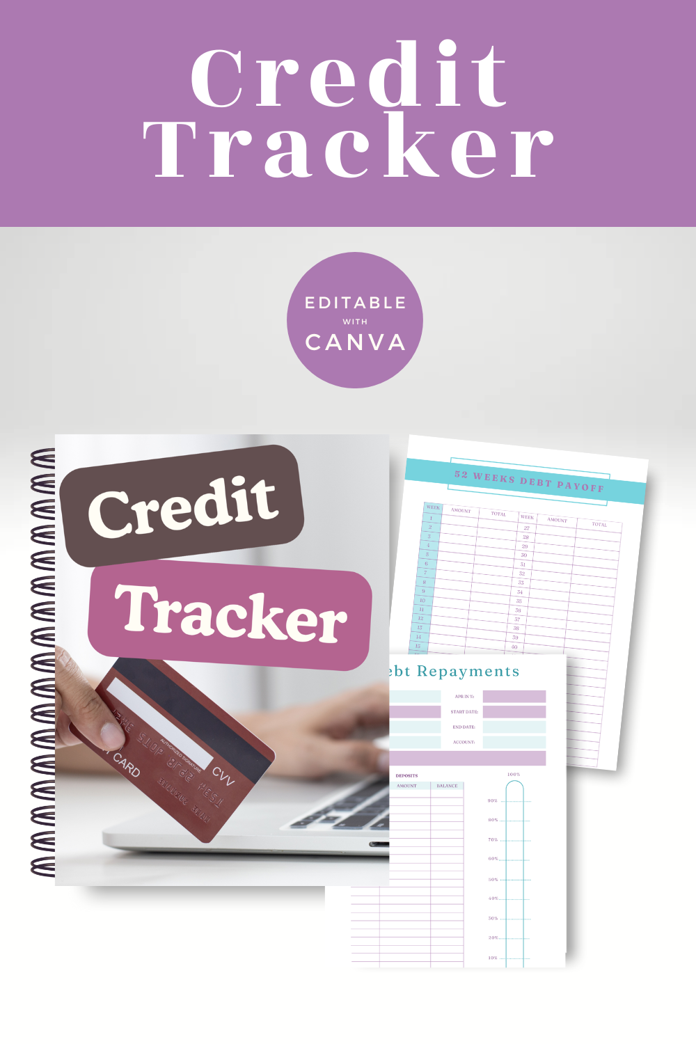 Credit tracker book and sheets on a white background with a purple banner at the top.