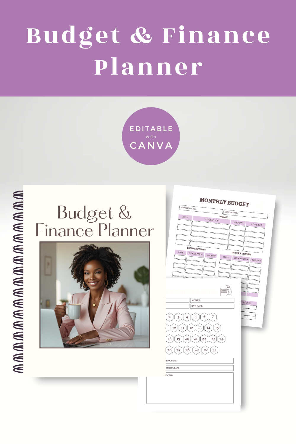 Budget and finance planner with editable Canva text on a white background