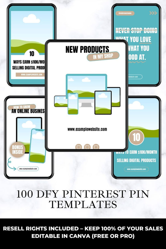 Set of Pinterest pin templates with a focus on digital products and online businesses.