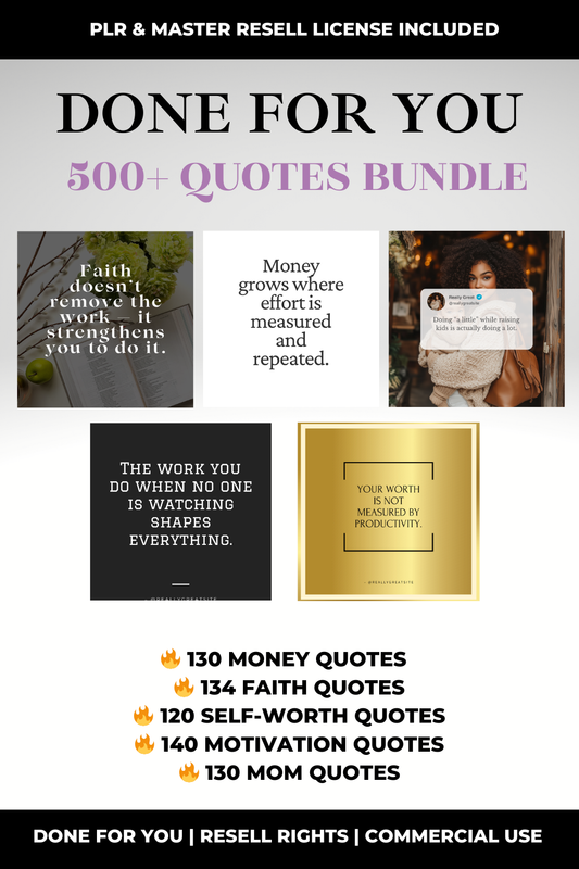 Promotional graphic for a 500+ quote bundle with various quotes and a woman holding a phone.