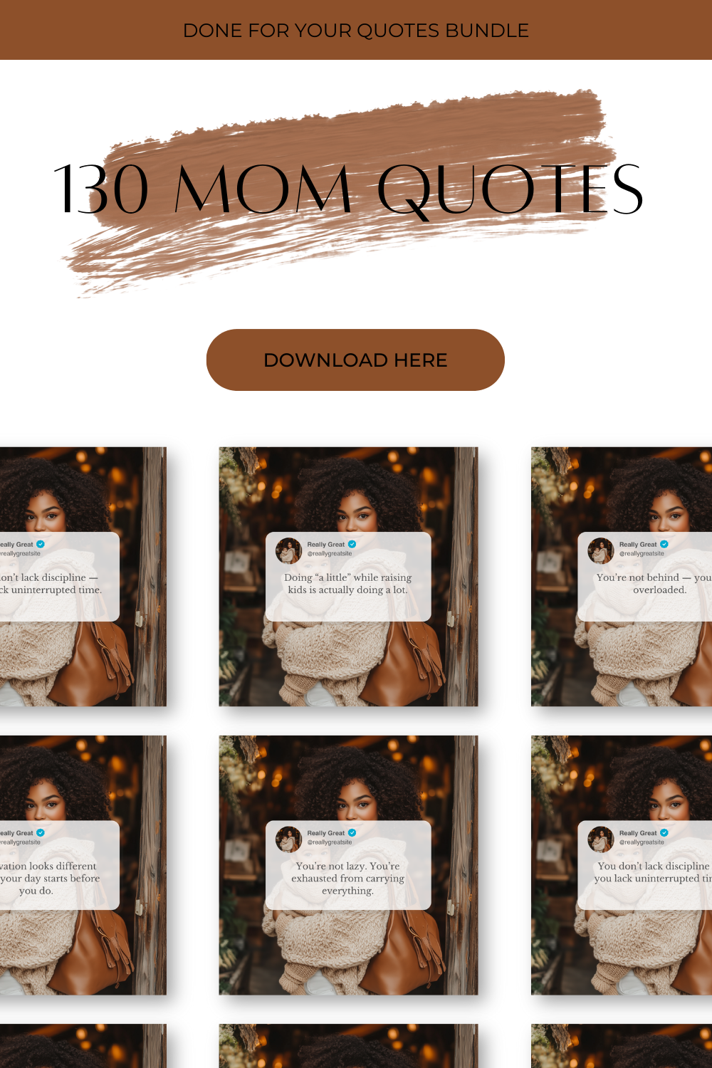 Promotional graphic for '130 Mom Quotes Bundle' with a woman holding a phone displaying text messages.