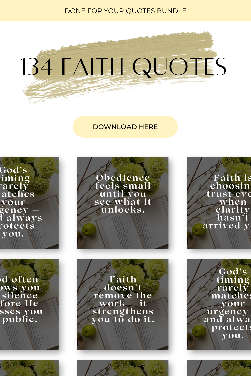 Promotional graphic for '134 Faith Quotes' bundle with text and images on a white background.