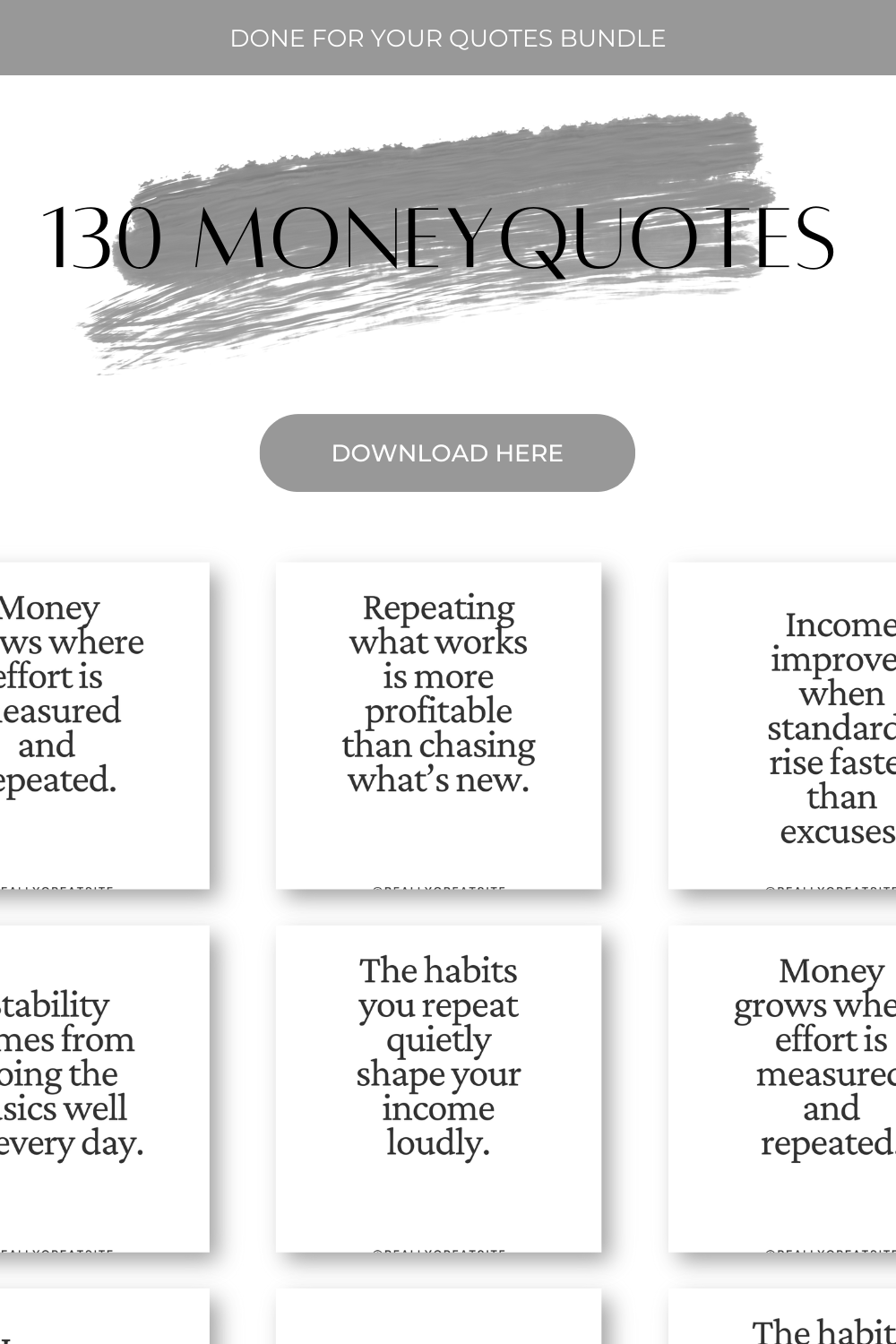 Promotional graphic for '130 Money Quotes' with motivational quotes and a download button.