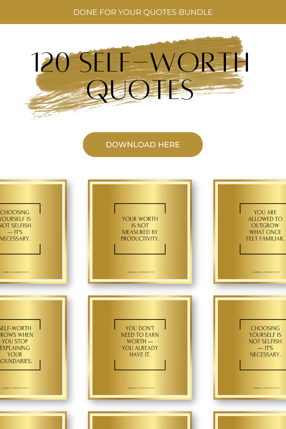 Collection of self-worth quotes with gold text on a white background