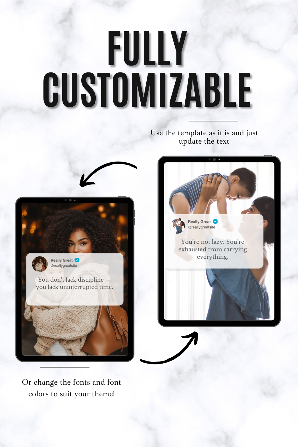 Promotional graphic for a customizable template with text and images on a marble background.