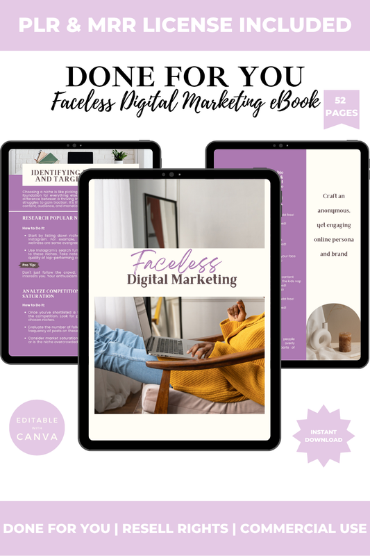 Done-for-you Faceless Digital Marketing eBook with editable Canva option on a purple background.