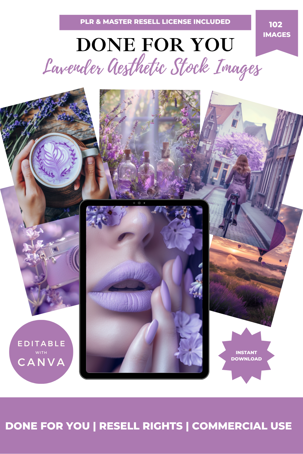 Collection of lavender-themed stock images with a promotional banner for PLR and Master Resell License.