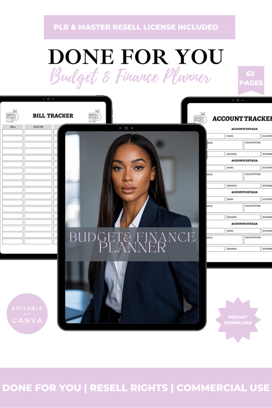 Budget and finance planner with a woman on the cover and tablet displaying the planner.