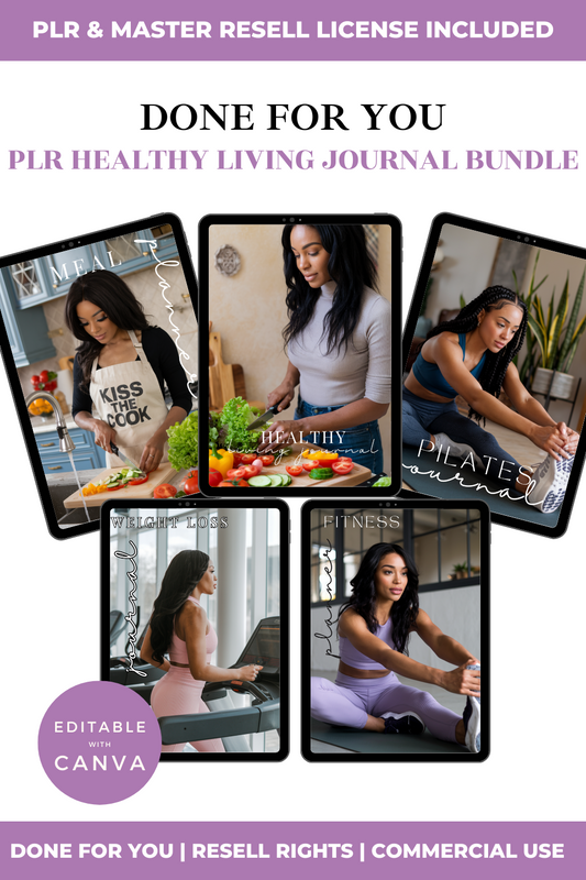 Promotional graphic for a PLR Healthy Living Journal Bundle with images of women engaging in various activities.