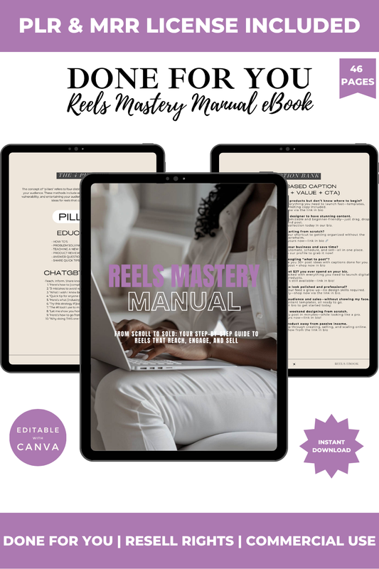 Ebook cover of 'Reels Mastery Manual' with tablet and book design on a purple background