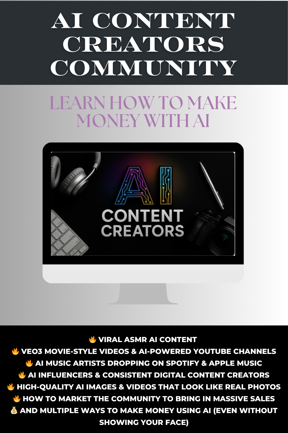 Advertisement for AI Content Creators Community with a computer screen displaying 'AI Content Creators' text.