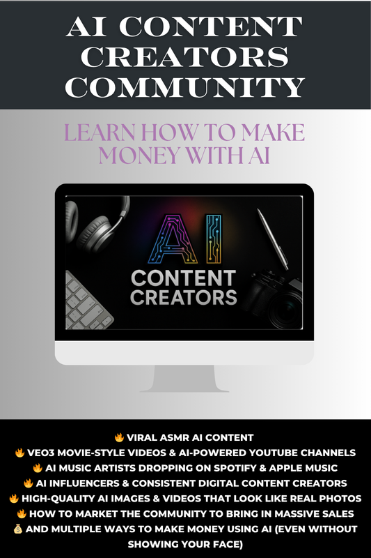 Advertisement for AI Content Creators Community with a computer screen displaying 'AI Content Creators' text.