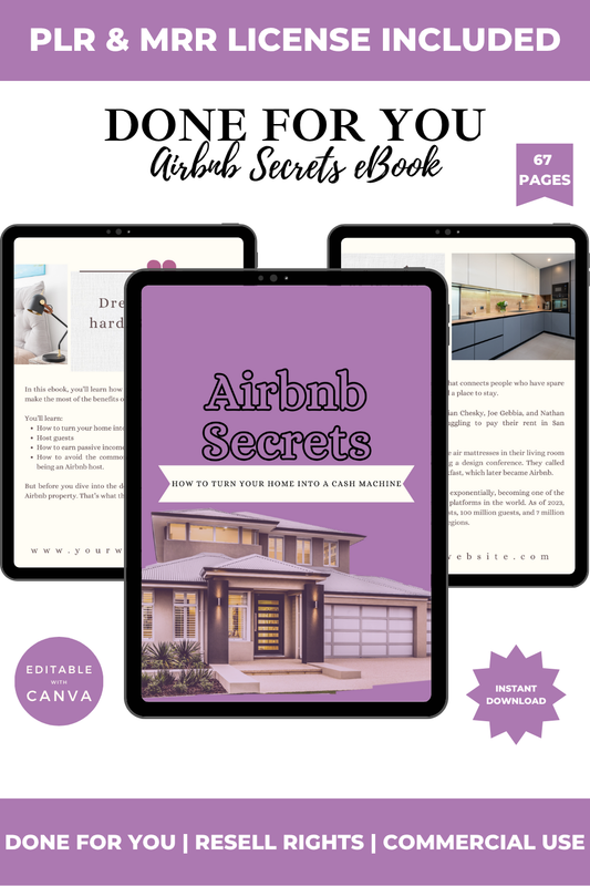 Ebook cover titled 'Airbnb Secrets' on a tablet with text about PLR, MRR, and done-for-you content.