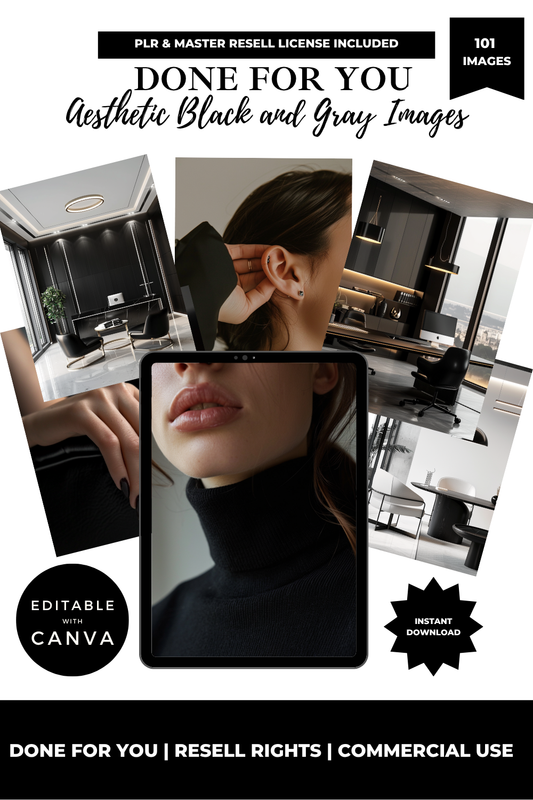 Collage of black and gray images with text about PLR and Canva editing.