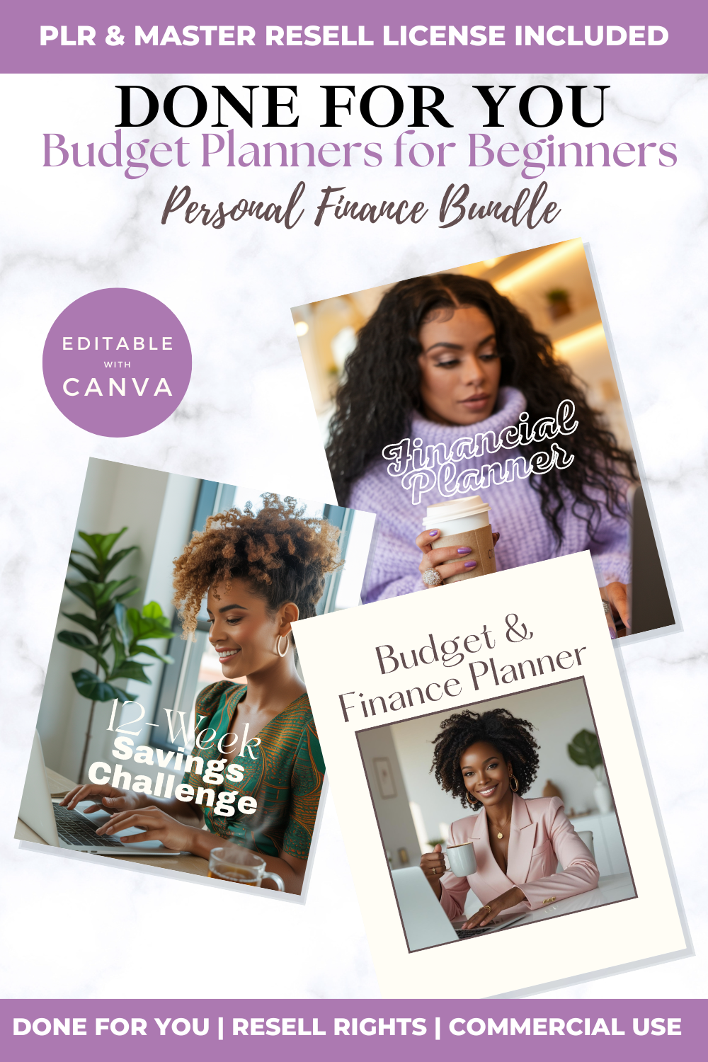 Personal finance planner bundle with images of a woman and text on a white background