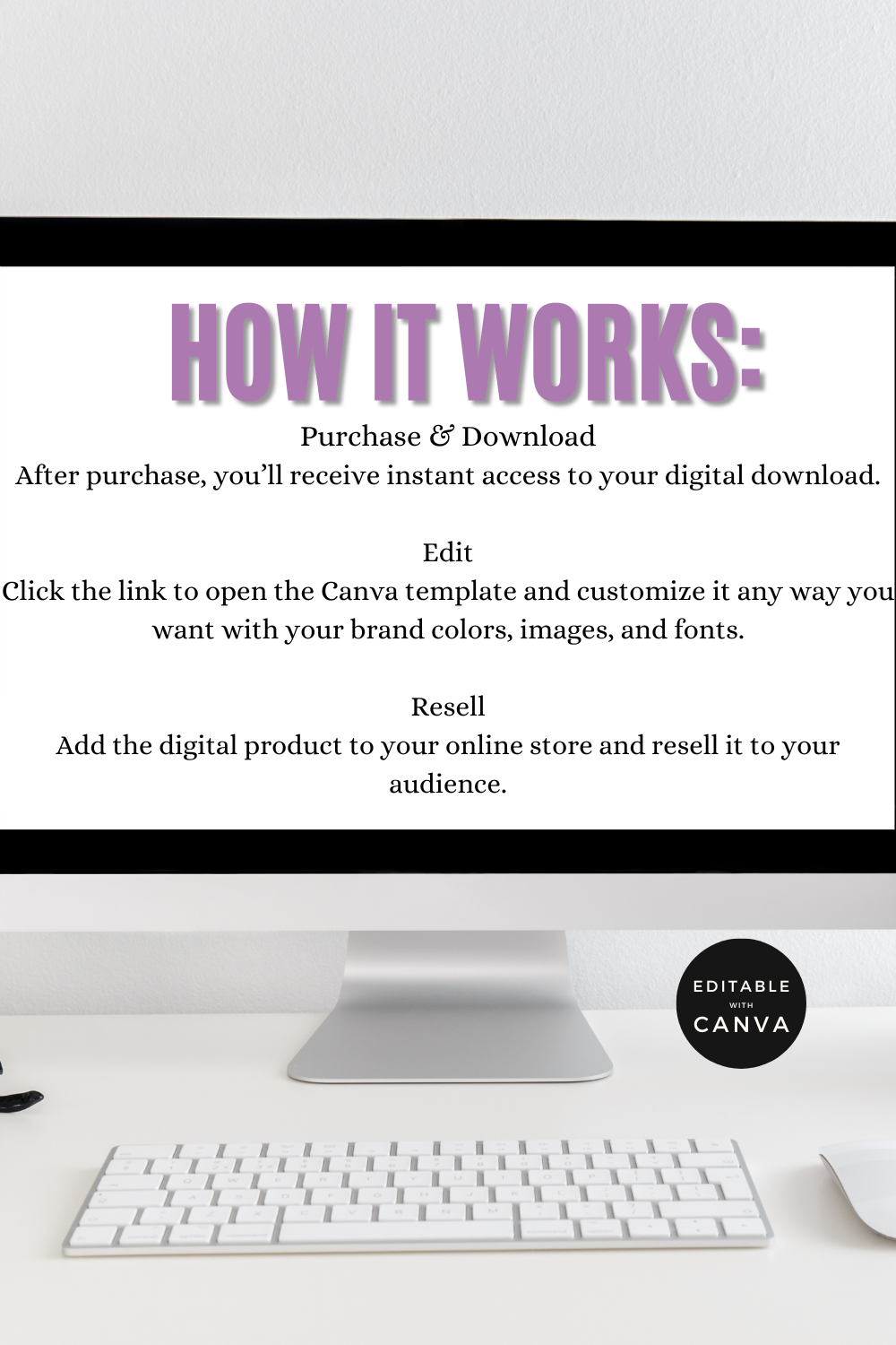 Computer monitor displaying text about using Canva templates, with a keyboard and mouse on a desk.