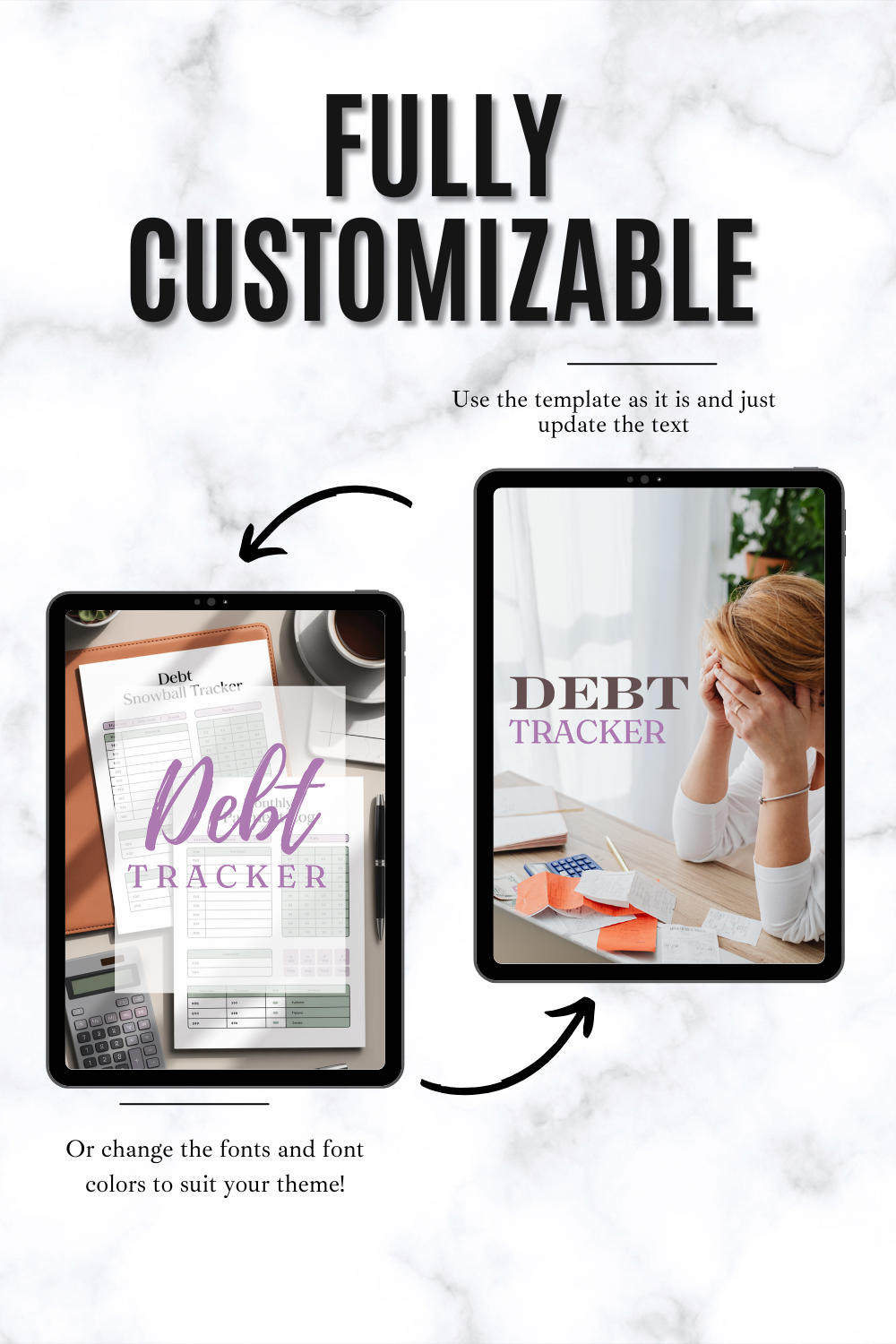 Debt tracker template with customizable text on a marble background