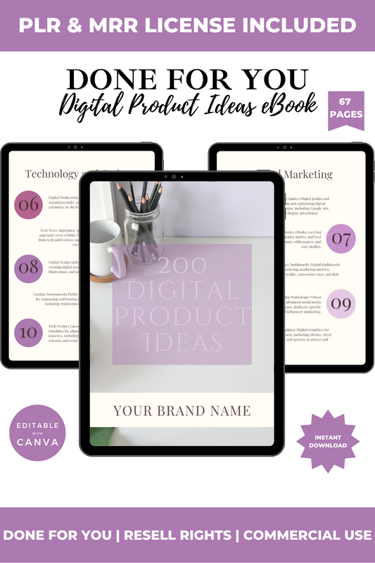 Ebook cover with tablet displaying '200 Digital Product Ideas' on a purple background