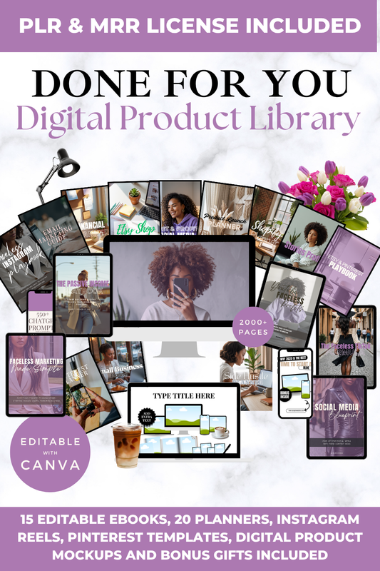 Done For You Digital Product Library with various digital products on a white background