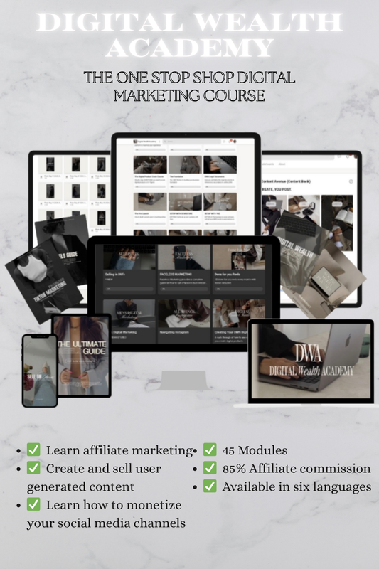 Digital Wealth Academy advertisement with course modules and benefits on a gray background