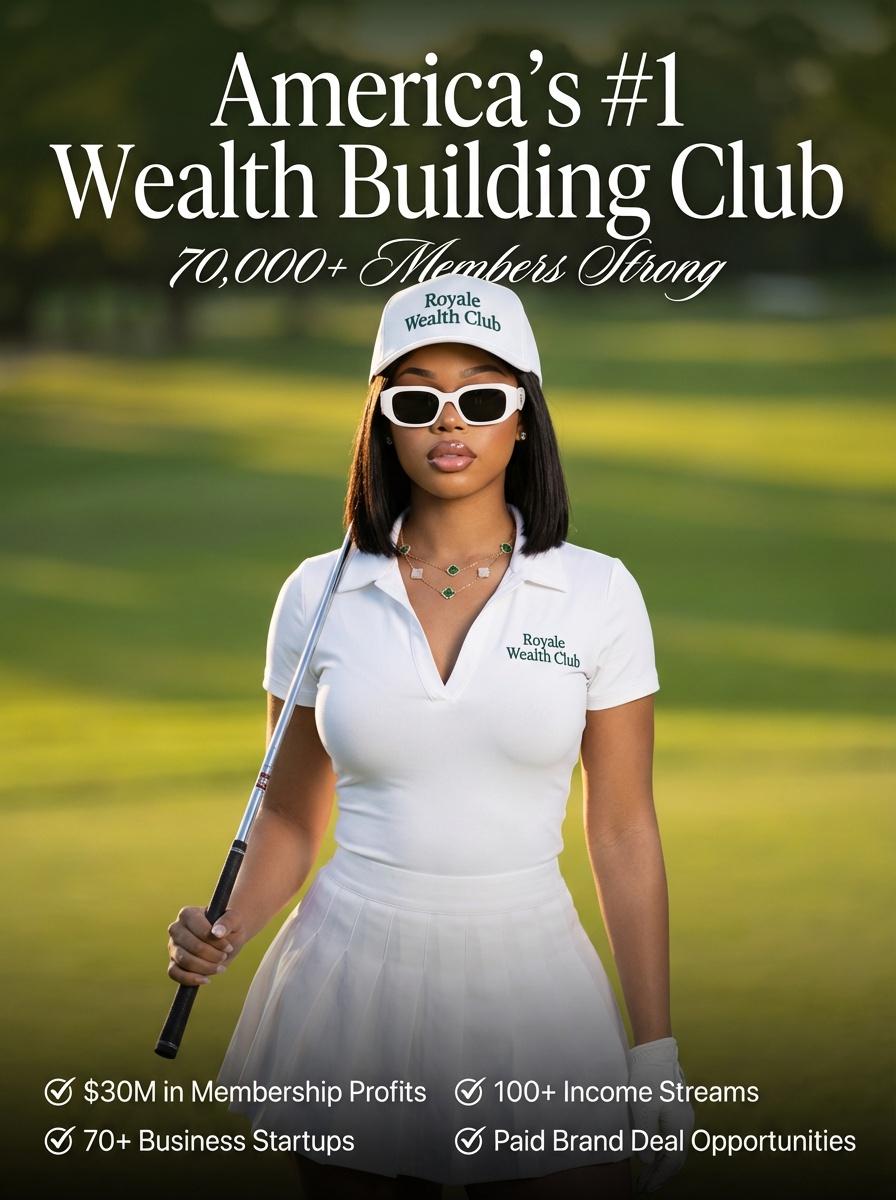 Woman in a white outfit holding a golf club on a golf course with promotional text about the Royale Wealth Club.