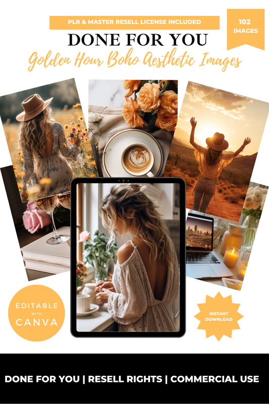 Collage of images with a woman in a boho style, featuring text about PLR and Canva.