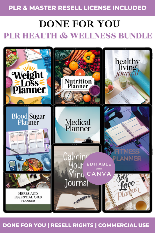 Collection of health and wellness planners with a purple banner at the top.