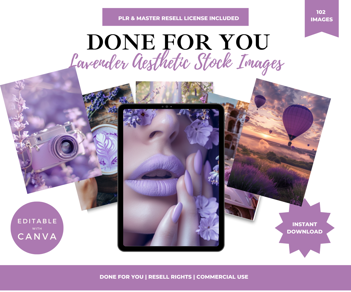 Promotional graphic for lavender aesthetic stock images with a tablet displaying an image, surrounded by various lavender-themed photos.